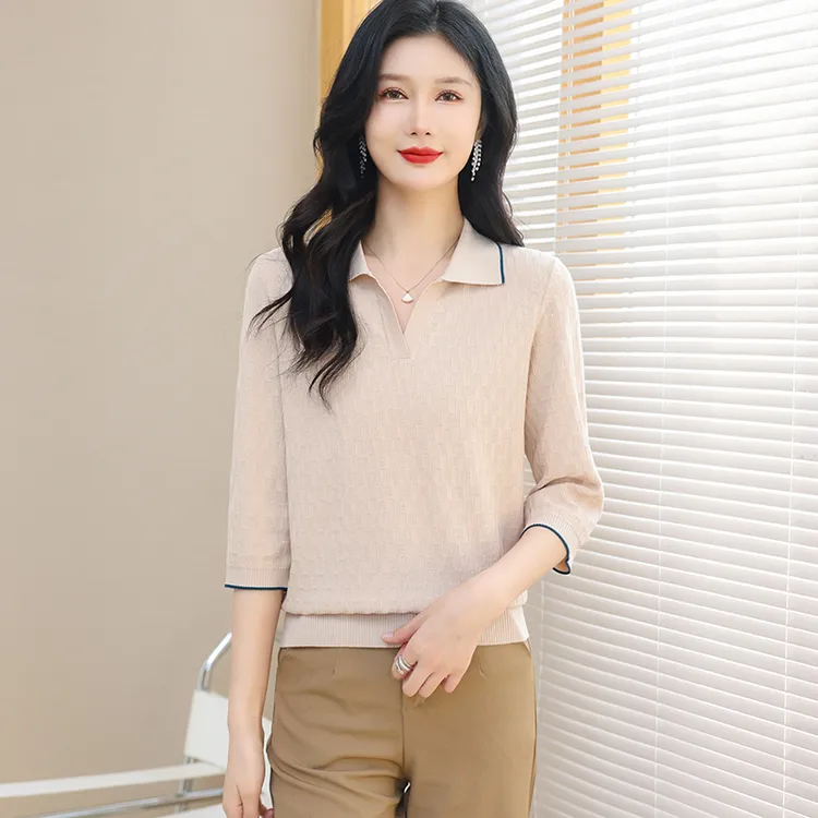 七分袖半开领T恤女春夏机新款妈妈装洋气时尚百搭冰丝针织衫薄款