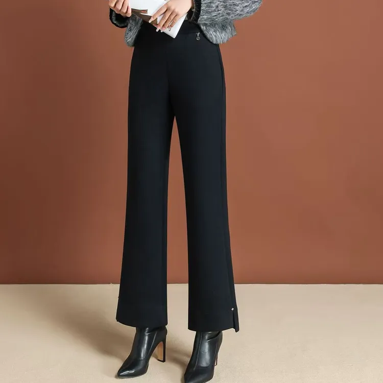 浩彤7670高品质羊绒时尚百搭松紧腰高腰显瘦九分开叉微喇裤