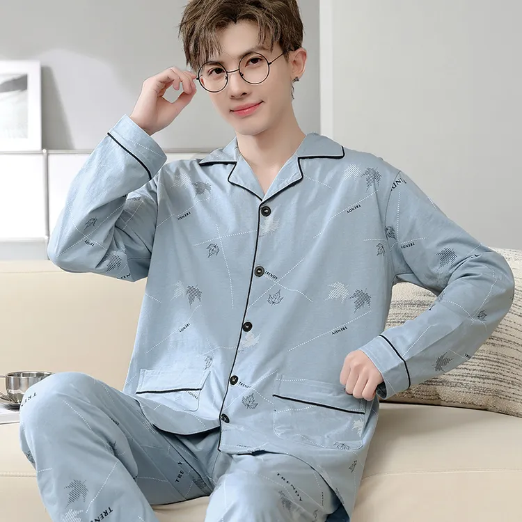 100%睡衣男士纯棉长袖春秋季全棉家居服夏天短袖薄款宽松休闲套装
