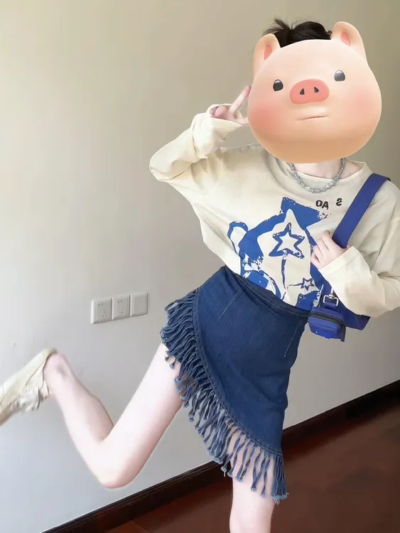 2025夏季新款韩系复古风穿搭薄款印花T恤上衣高腰牛仔裙时尚套装