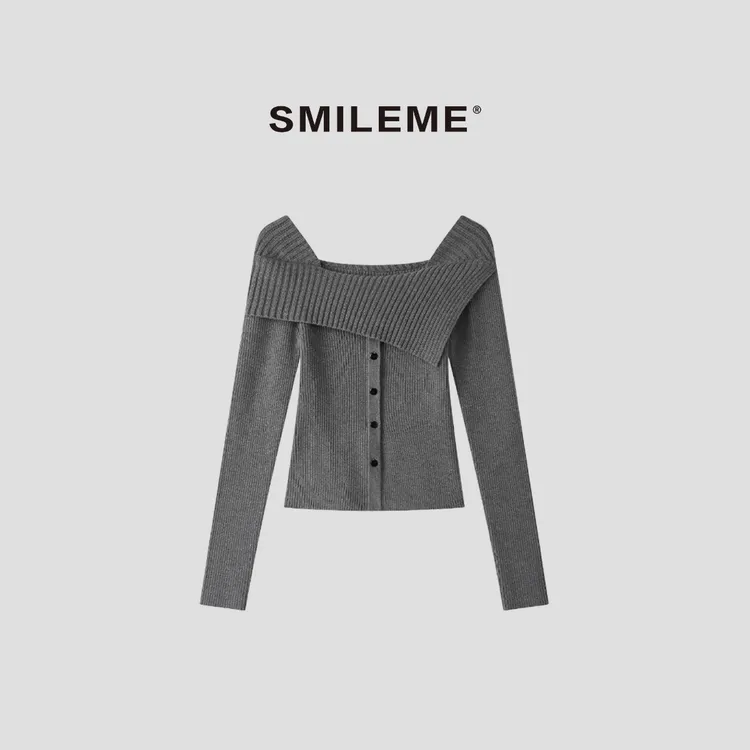 3-SMILEME【俢织】时尚休闲可一字领秋季毛针织衫长袖上衣R5376071 