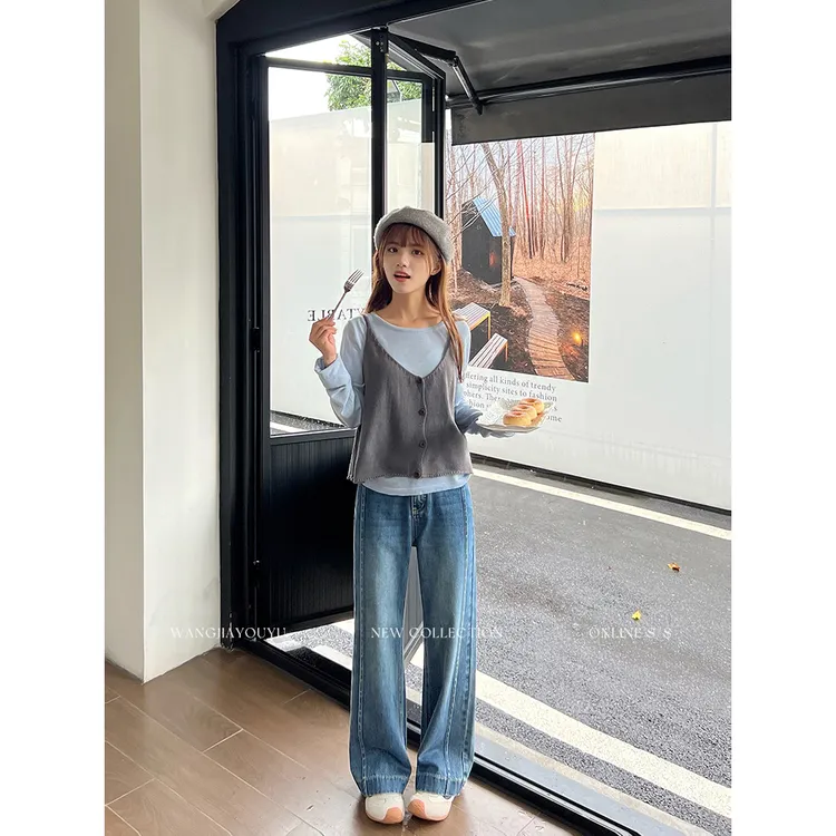王家有鱼【小个子定制】窄版阔腿裤复古蓝早秋新款2025爆款牛仔裤女
