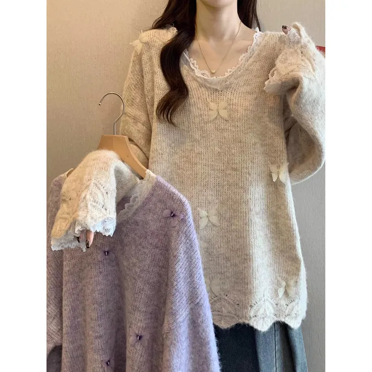蕾丝边立体蝴蝶设计感套头毛衣女2025秋冬新款宽松显瘦针织衫上衣