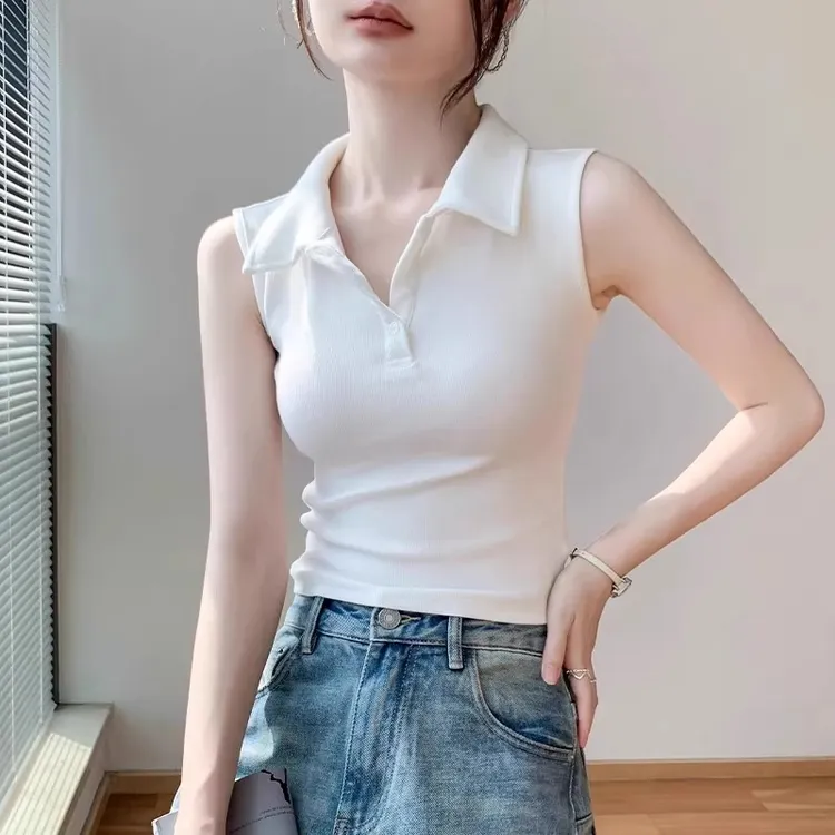 芯娇晴美式无袖背心女2025夏季新款Polo领短款打底衫纯色内搭上衣