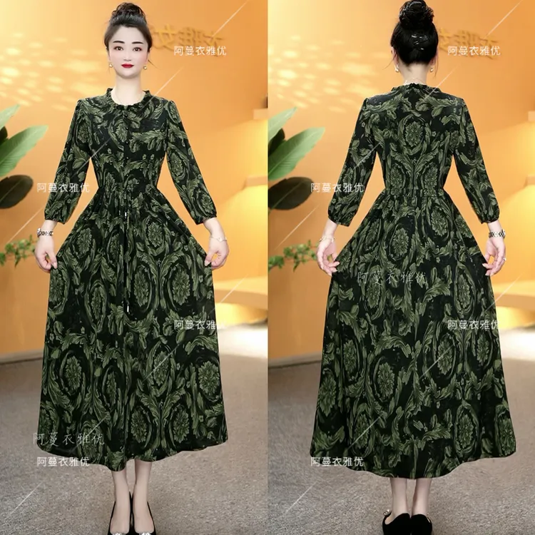 【衣雅严选】8100-1698#新款气质中长袖花边领系带弹力缎面连衣裙