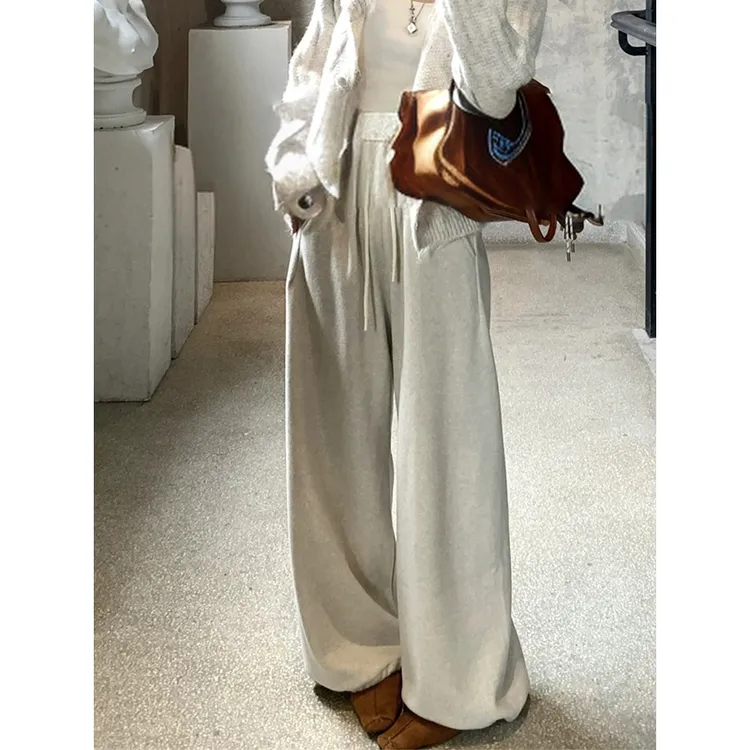 耶古时髦感加厚绒感毛呢阔腿裤女冬季款高腰抽绳束脚垂感百搭裤子