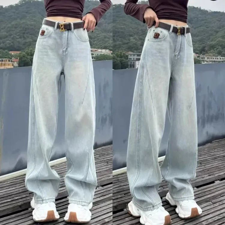 大码浅蓝色牛仔裤女2025冬新款胖mm宽松水洗休闲阔腿裤显瘦拖地裤