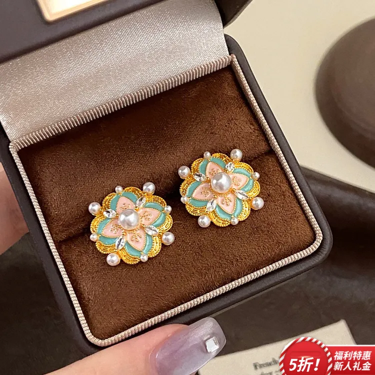 黄铜耳饰 【个性耳钉】新中式复古风国风网红爆款气质珐琅彩仿珍珠