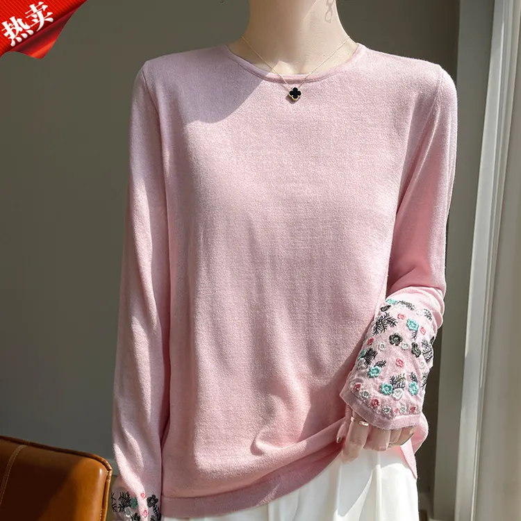 哥弟阿玛施正品秋冬内搭打底衫桑蚕丝中式国风刺绣长袖针织衫上衣