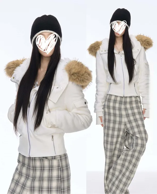 座山雕毛领连帽卫衣外套女秋2025冬季加厚设计感短款开衫棉服上衣