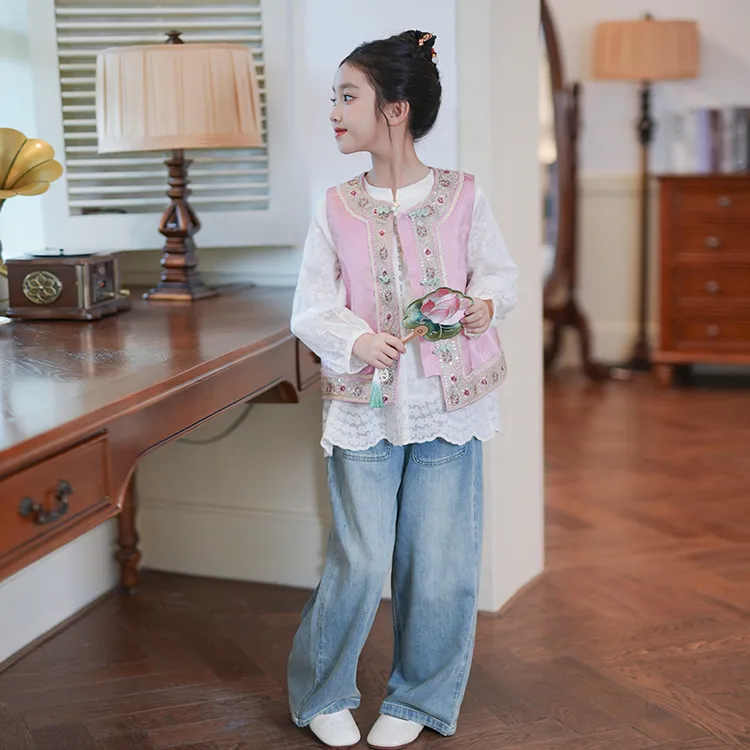 0769610女童娃娃衫长袖衬衫衬衣T恤秋季新款国风马甲洋气叠穿童装