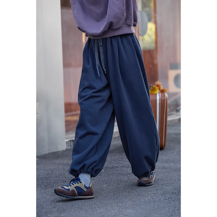 冬季新品文艺复古原创藏蓝色纯棉松紧腰厚实休闲运动针织束口卫裤