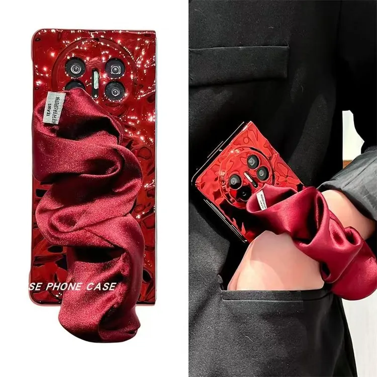 适用华为matex6手机壳matex5折叠屏高级小众酒红色丝巾腕带保护套