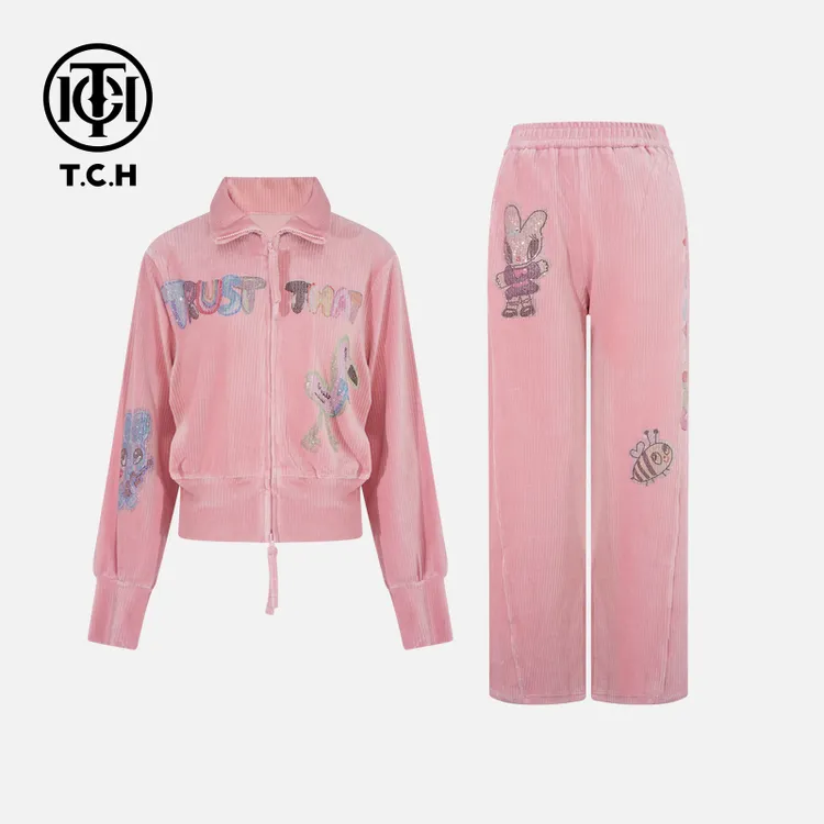 TCH私服秋款慵懒风烫钻时尚淑女粉色长袖套装T75C07E5036轻奢tch