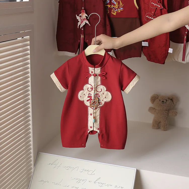 百天婴儿衣服男女宝宝夏装连体衣中式喜庆洋气小公主周岁礼服夏季
