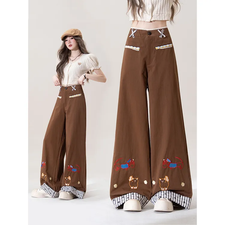 美式复古卡通刺绣休闲裤女2025秋季新款设计感小众宽松直筒阔腿裤