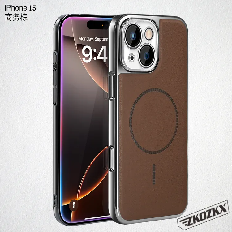 适用苹果14手机壳磁吸电镀真皮纹新款镜头全包防摔商务高档保护套