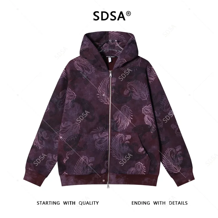 SDSA男士秋冬新款痞帅男装抽象花卉印花拉链连帽卫衣百搭开衫上衣