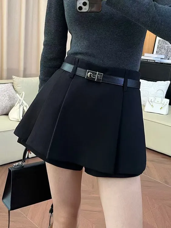 配腰带”假两件a字裤阔腿短裤裙休闲百搭高腰显瘦气质半身裙裤
