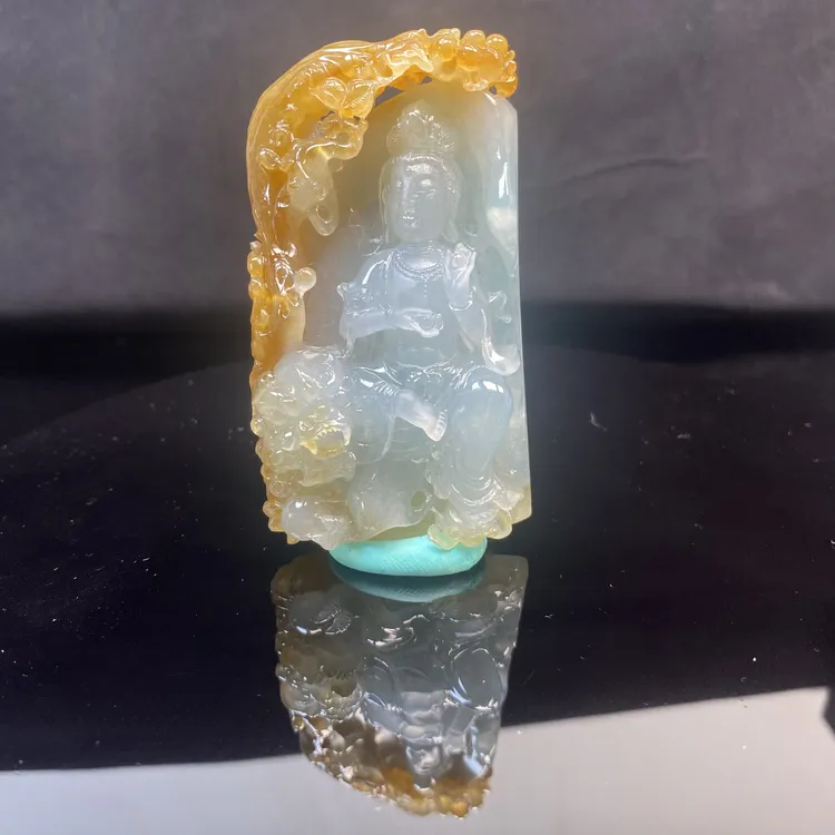 高冰飘黄翡文殊菩萨冰透起光纯手工雕刻腾冲老料翡翠文殊菩萨挂件