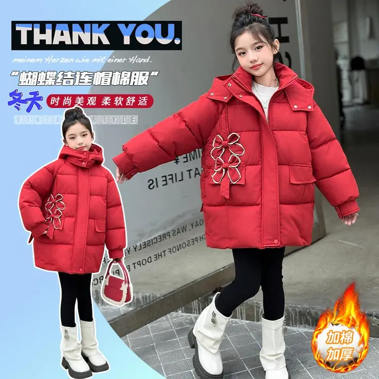 巴拉童年女童冬装棉服中长款外套2025洋气大童蝴蝶结连帽羽绒棉衣