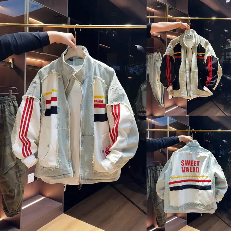 春季新款宽松拼接立领牛仔外套男士潮牌时尚痞帅休闲 夹克情侣上