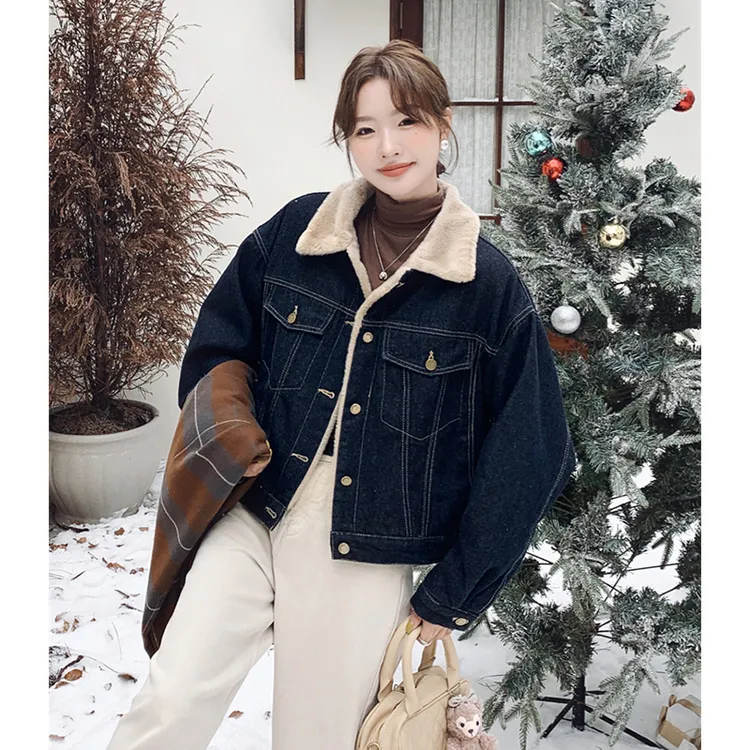 仿羊羔毛拼接加绒加厚牛仔外套女秋冬季2025新款美式派克服棉服