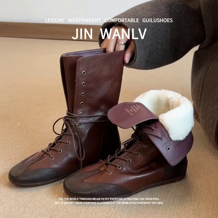 羊皮版~2025秋冬新款复古风圆头平底短靴女款百搭加绒保暖棉鞋女