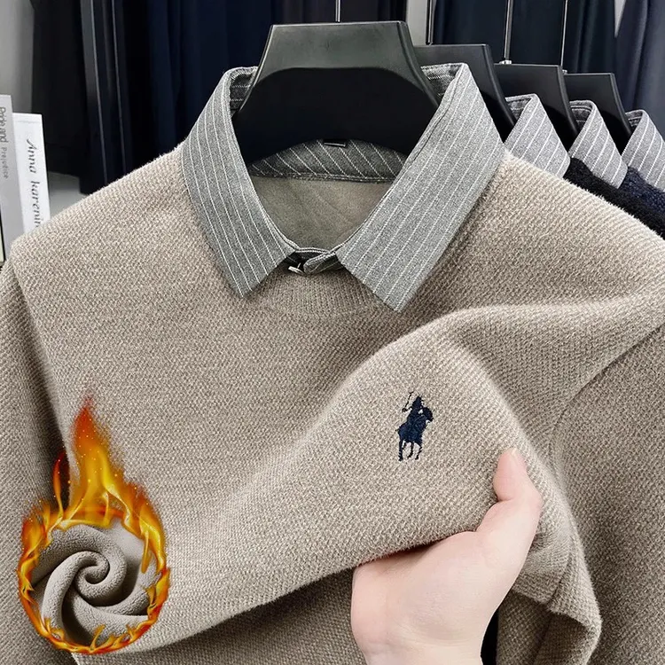 【加绒加厚】男士冬季商务休闲长袖假两件纯色针织衫衬衫领保暖上衣