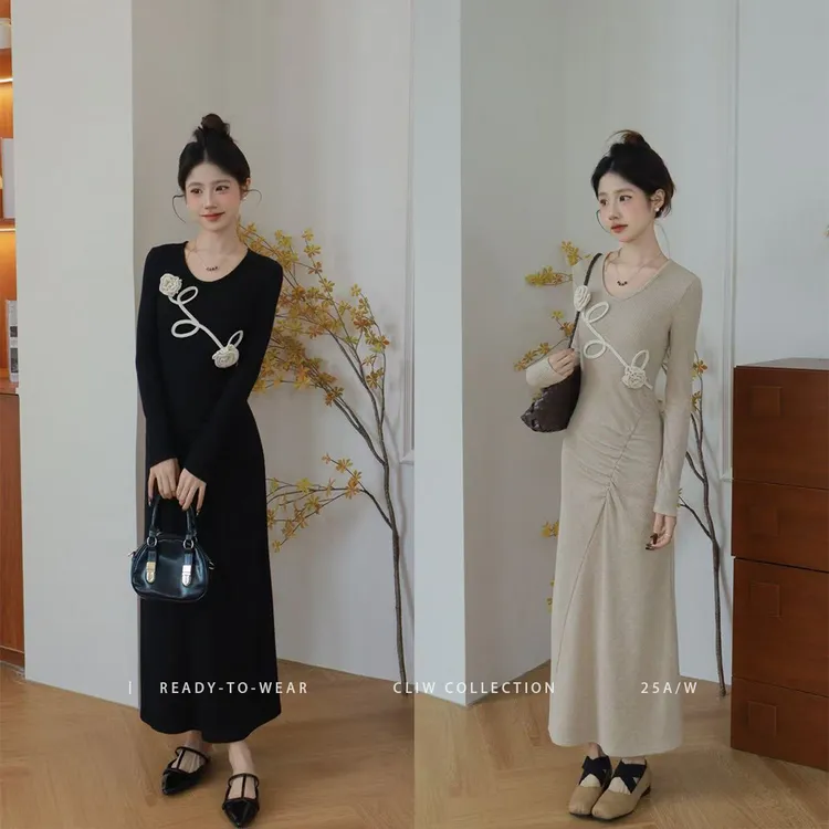 菜菜【寻梦山茶】小个子秋季立体花朵圆领收腰显瘦显高连衣裙HQ03