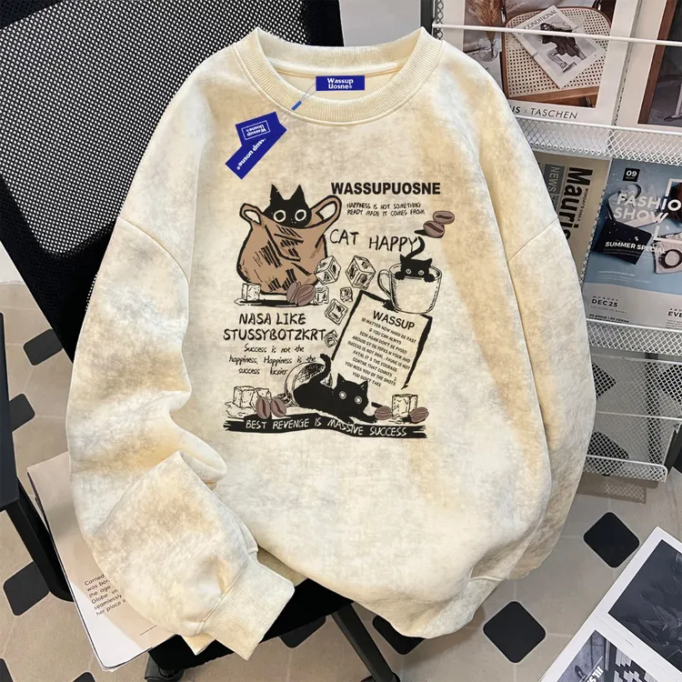 WASSUP UOSNE潮牌蜡染卫衣男2025新款boxy小众高街痞帅硬挺上衣服