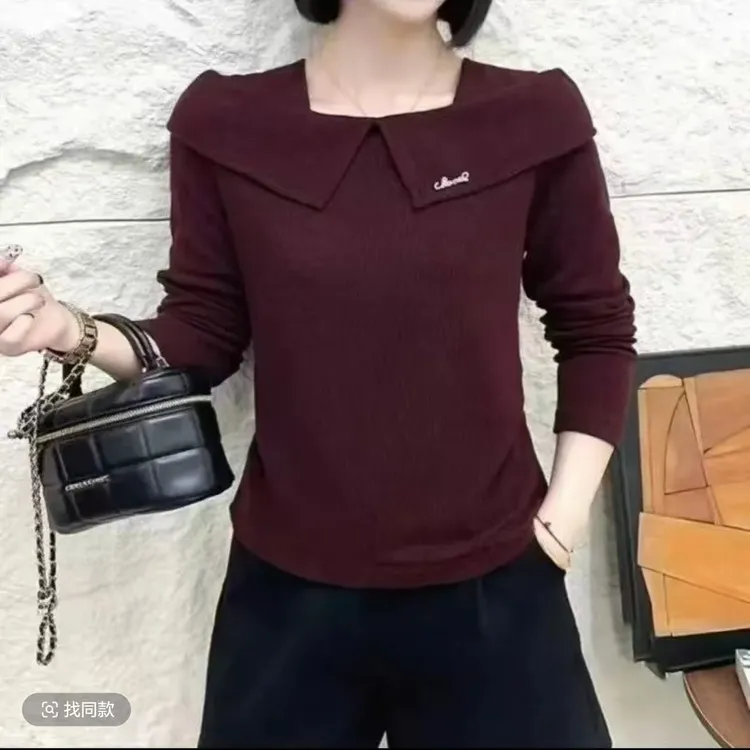 纯色长袖女秋季2025新款设计感一字肩翻领小众针织上衣年轻妈妈