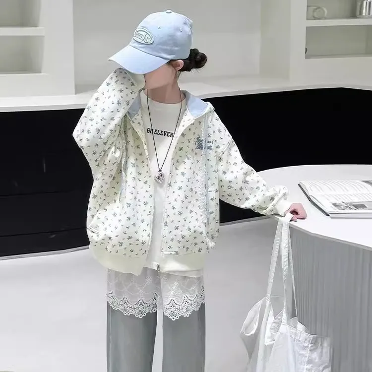 女童外套秋装2025新款女大童春秋洋气碎花儿童卫衣连帽开衫上衣潮