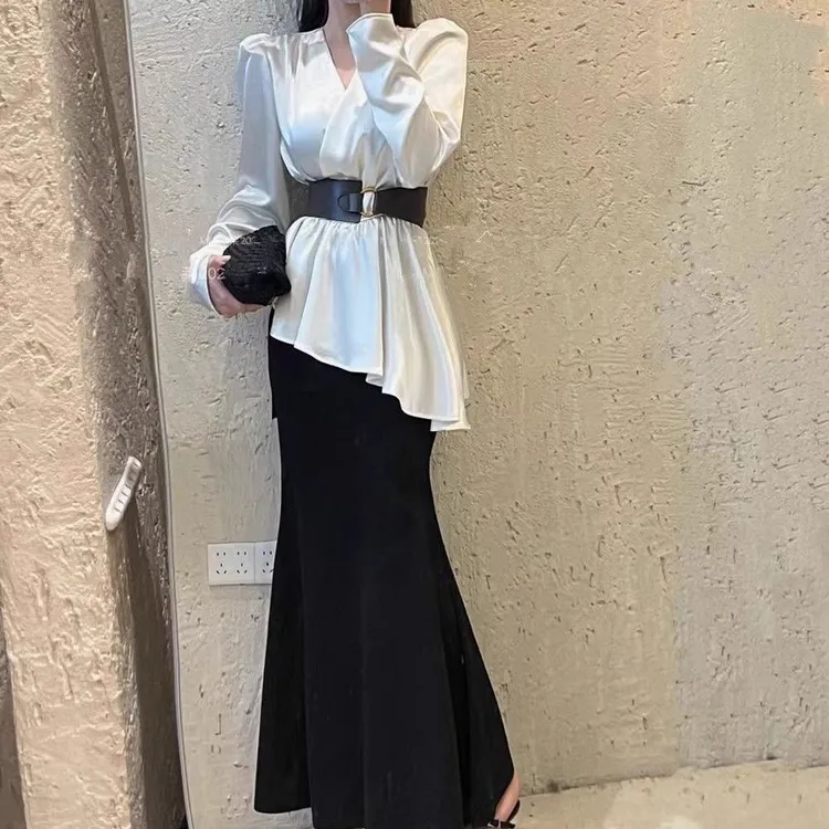 高级感缎面V领褶皱腰带衬衫2025秋季新款法式绝美不规则斜边上衣