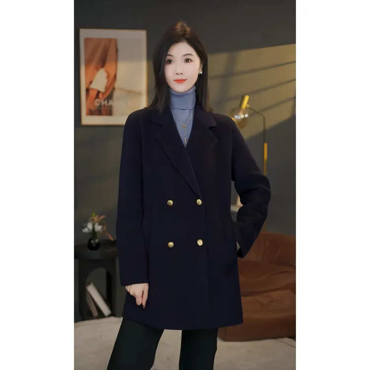 【馨馨甄选】8584043A海军蓝曼贝秋冬新款高端百搭长袖双面羊绒大衣