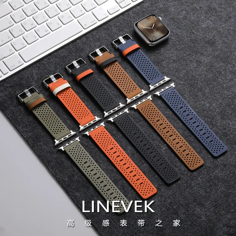 适用苹果手表表带iwatch ultra2透气镂空皮质s11/10/9/8针扣腕带