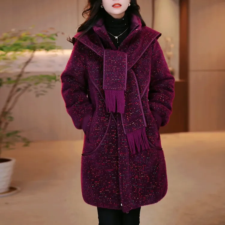 可拆卸帽子围巾高端棉服女2025冬季新款设计感加厚保暖中长款大衣