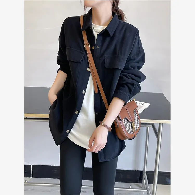 黑色牛仔衬衫女2024春秋外穿宽松高级感上衣网红爆款长袖中长外套