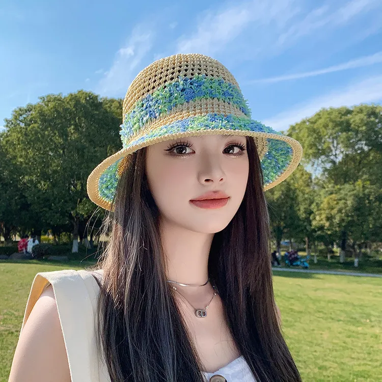 透气防晒帽子女春夏日系田园风彩色镂空编织渔夫帽户外度假沙滩帽