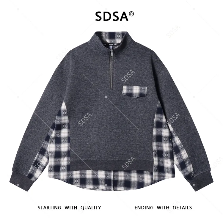 SDSA男士秋冬新款痞帅男装韩版拼接格子半拉链立领卫衣百搭时尚