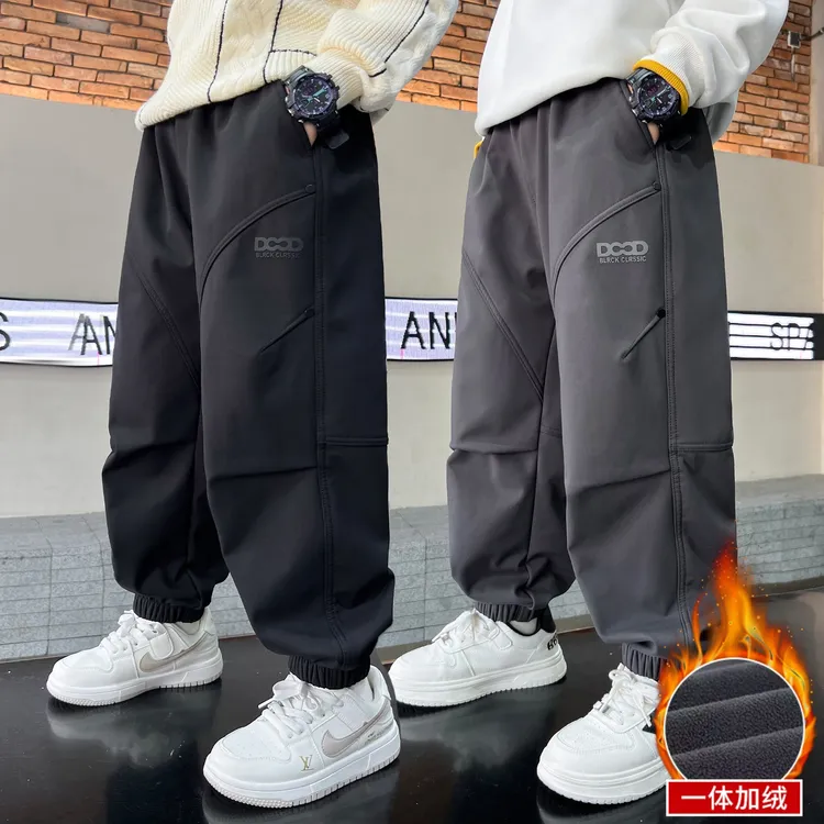 男童一体绒加绒裤2025秋冬新款中大童潮酷男孩束脚裤儿童休闲裤潮