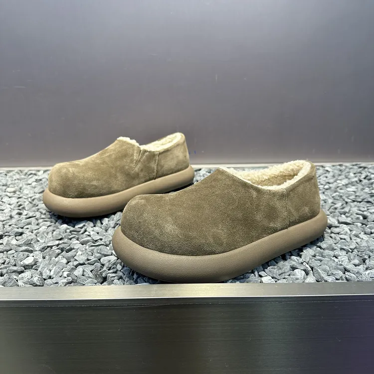 男鞋冬季新款勃肯鞋皮面一脚蹬懒人鞋加绒保暖厚底大头鞋子男潮鞋