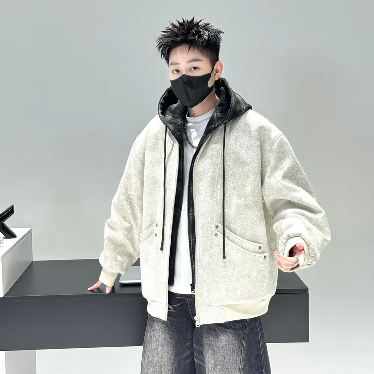 冬季新款休闲假两件连帽夹克加绒加厚青少年学生潮牌宽松外套8861