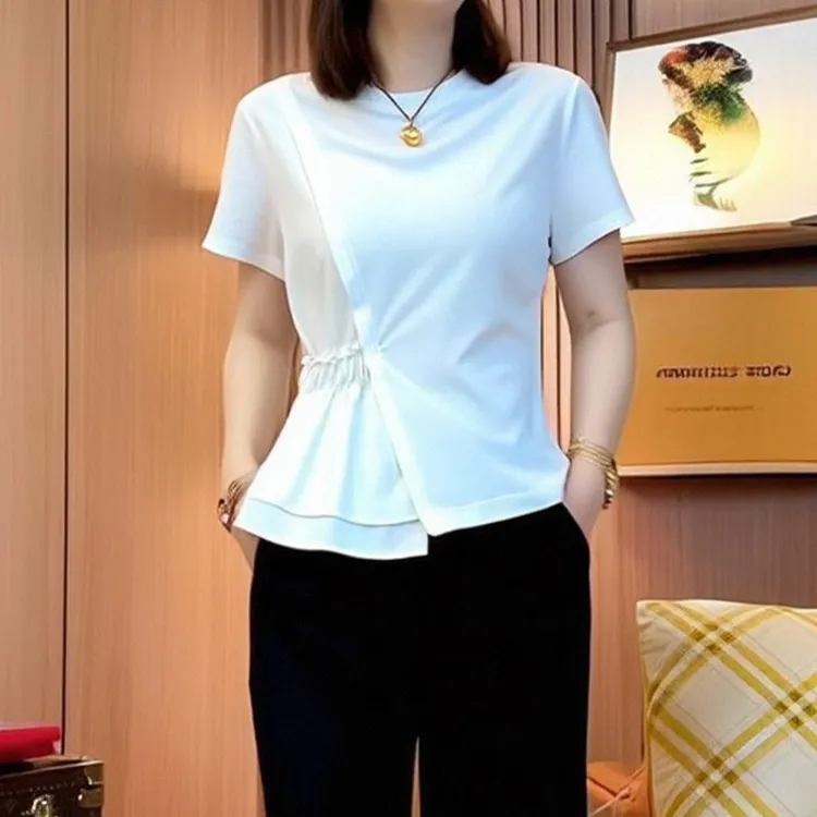 气质轻熟风拼接短袖T恤女士2025春夏新款设计感高级感舒适上衣女