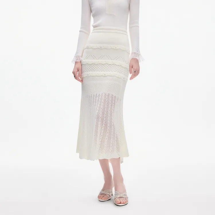 MISSCOCOON可可尼白色针织裙半裙女2025秋季新款复古镂空鱼尾裙