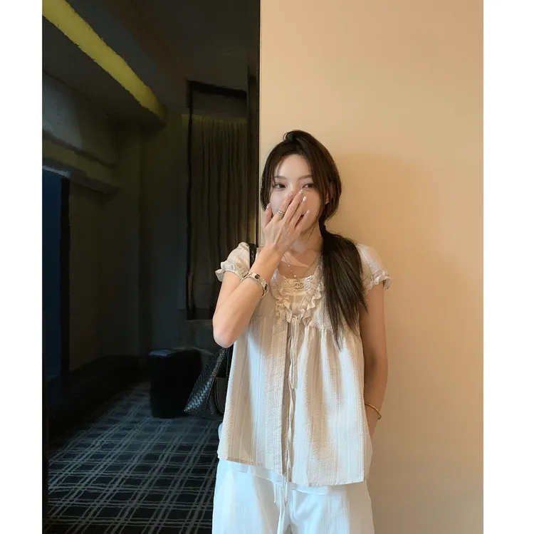 韩系小清新系带蓝色条纹假两件短袖衬衫宽松娃娃衫上衣女X999  