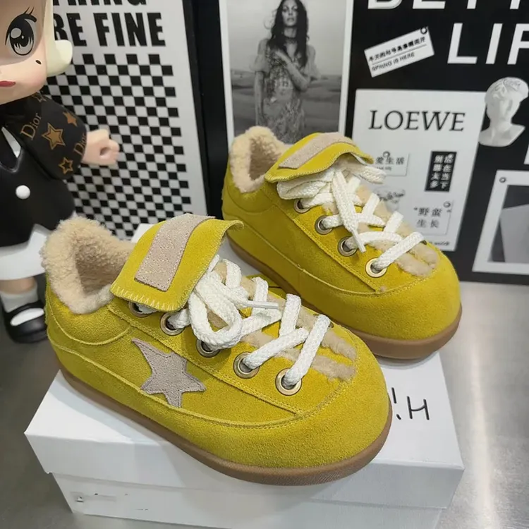 卡皮巴拉翻领丑萌面包女鞋厚底松糕星星加绒百搭系带休闲板鞋棉鞋