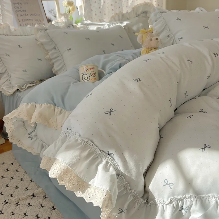 A类双层纱韩版少女心四件套宿舍花边被套床单床裙床上用品三件套