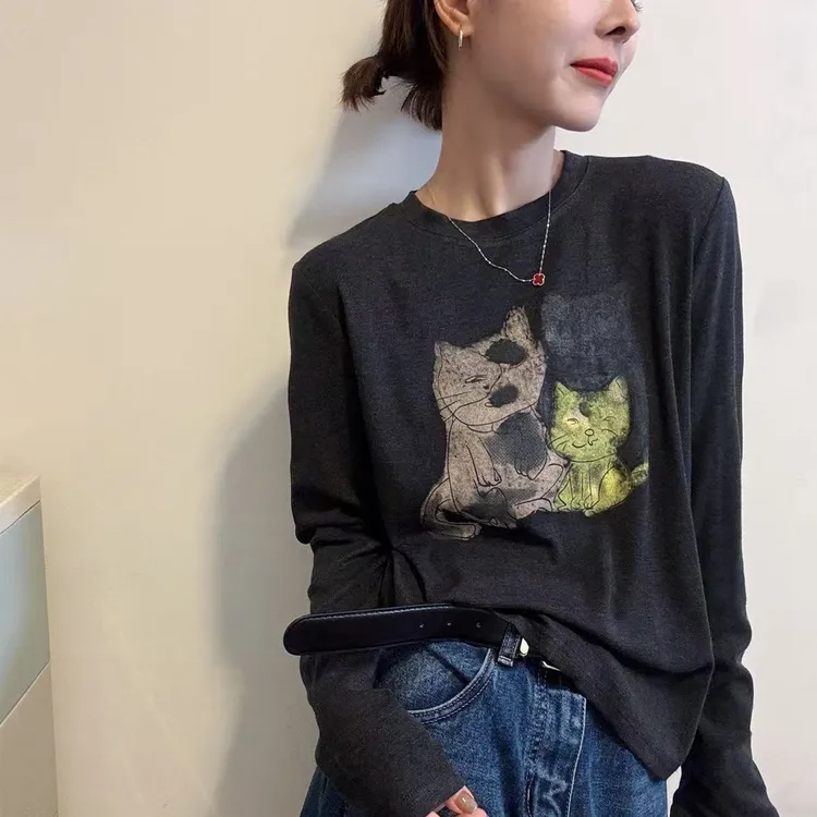 碳灰色圆领长袖T恤女2025新款早秋爆款猫咪独特漂亮体恤洋气上衣