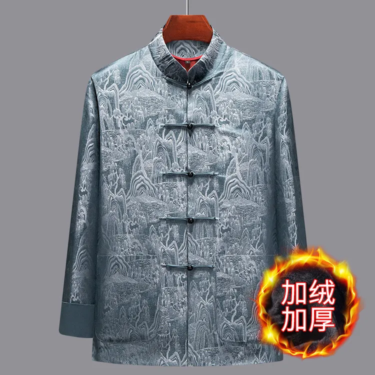 中老年男士唐装男秋冬加绒加厚外套风爸爸装婚礼祝寿生日加厚套装